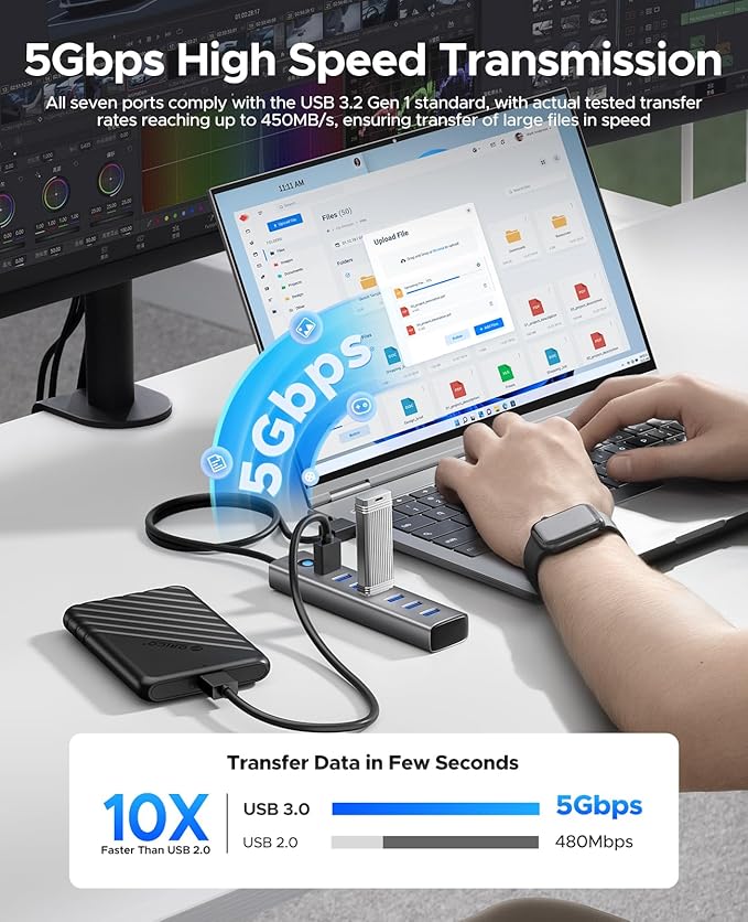 ORICO 7-Port USB 3.0 Hub, Aluminum USB Multiple Adapter, 5Gbps USB Extender USB Splitter with 3.28Ft Cable, UBS-A Hub Long Cable for Desktop, PC, Flash Drive, Mobile HDD, Windows/XPS
