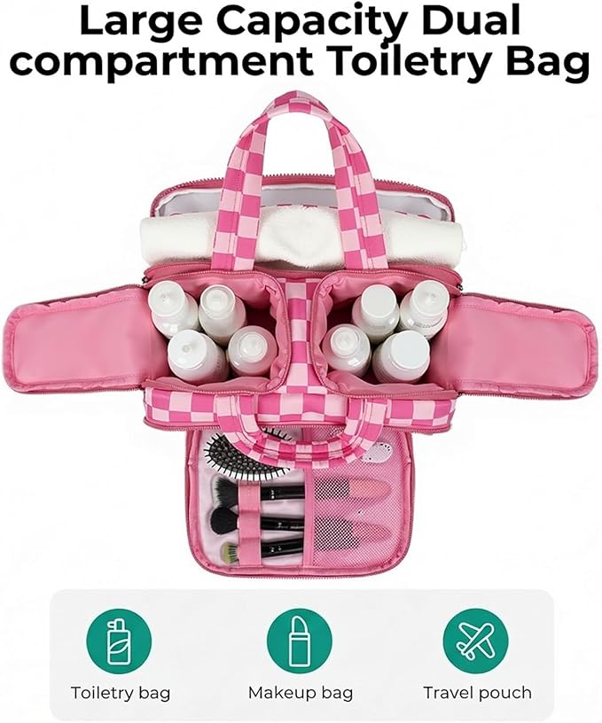 Travel Toiletry Bag, Spacious Hot Pink Checkered Toiletry Bag for Women,Large Toiletry Bags for Traveling,Lightweight Travel Cosmetic Makeup Bag Organizer for Accessories,Toiletries (Pink Checkered)