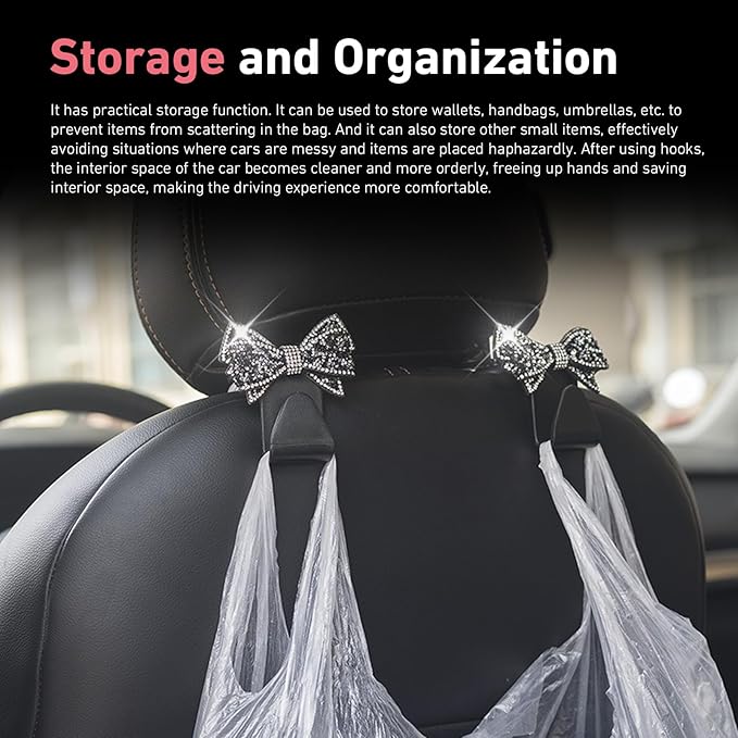2 PCS Car Headrest Hooks, Cute Bowknot Auto Seat Back Hangers for Purses Bags Coats, Bling Rhinestone Interior Storage Organizer Hooks, Universal for Cars SUVs Trucks (White)