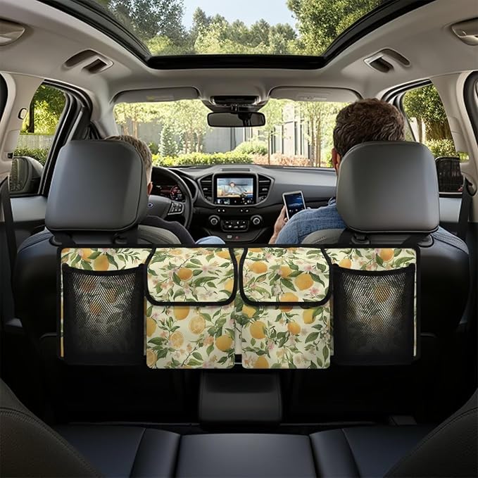 Lemon Hanging Trunk Organizer for SUV Back Seat Organizer with Elastic Net Collapsible Cargo Storage Bag Car Interior Accessories