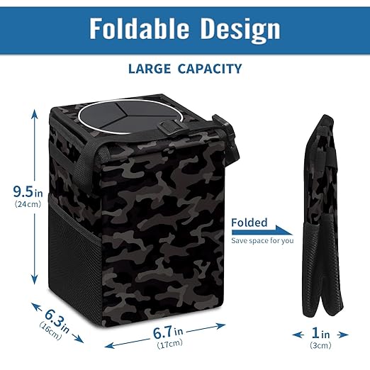 Car Trash Can Black and Grey Camouflage Wate-rproof Auto Garbage Bag Car Trash Can with Lid Leak-Proof Car Storage Bag Hanging for Headrest Collapsible and Portable with Storage Mesh Pocket