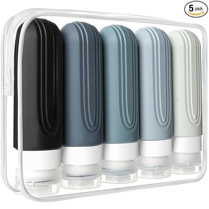 Travel Bottles for Toiletries, 5 Pack TSA Approved Travel Size Containers, 3oz Leak Proof Refillable Travel Accessories for Shampoo Conditioner, BPA Free Travel Bottles with Toiletry Bag