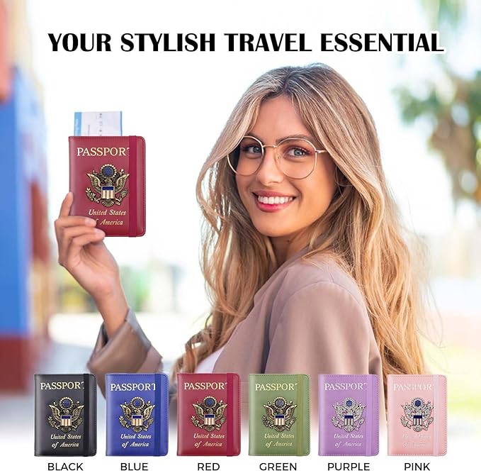 Cnycmy Passport Holder for Travel, Pu Leather Travel Wallet, RFID Blocking, Metal United States Coat of Arms, Waterproof cover for Family (Burgundy)