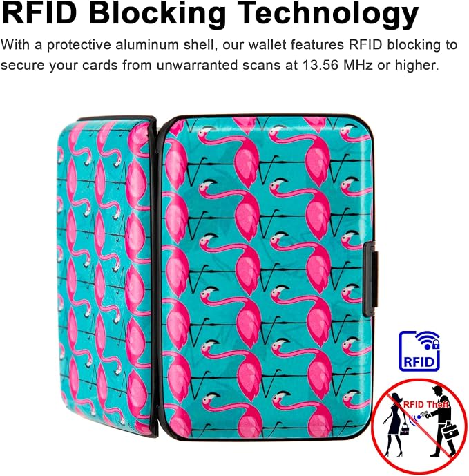 RFID Blocking Small Metal Credit Card Holder Wallet for Women Men Business Aluminum Protector Sleeves Slim Mini Cards Case (Pink Flamingos)