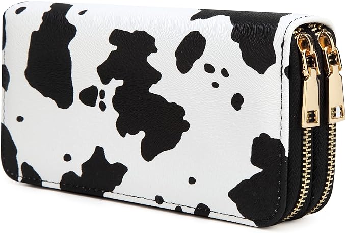 Cow Print Wallet for Women Money Organizers Western Purse Cow Stuff Gifts Double Zipper Ladies Large Capacity Card Cases