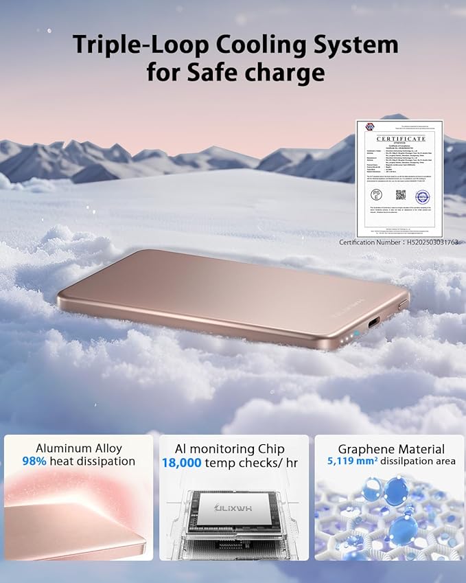 [0.3" Ultra Slim] [Alloy-Made] ULiXWH for Magsafe Portable Charger for iPhone, 2026 Upgrade 5000mAh Fast Charging Magnetic Power Bank, Wireless Battery Pack for iPhone 17 Air 16 15 Pro Max 14 13, Pink