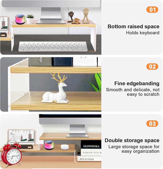 YGYQZ Adjustable Monitor Stand Riser with Acrylic Legs丨7.67" Wide Dual Monitor Stand for Desk丨2-Tier Wood Desktop Organizer for Computer, Laptop, Printer & PC丨Modern Aesthetic Desk Shelf(wood-flat)