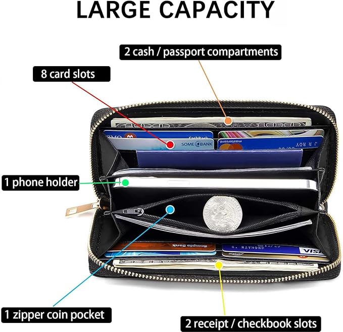RFID Blocking Leather Wallet for Women – Large Capacity Zip Around Clutch with 8 Card Slots,27 Cash Pockets & Coin Zipper,Dolphin