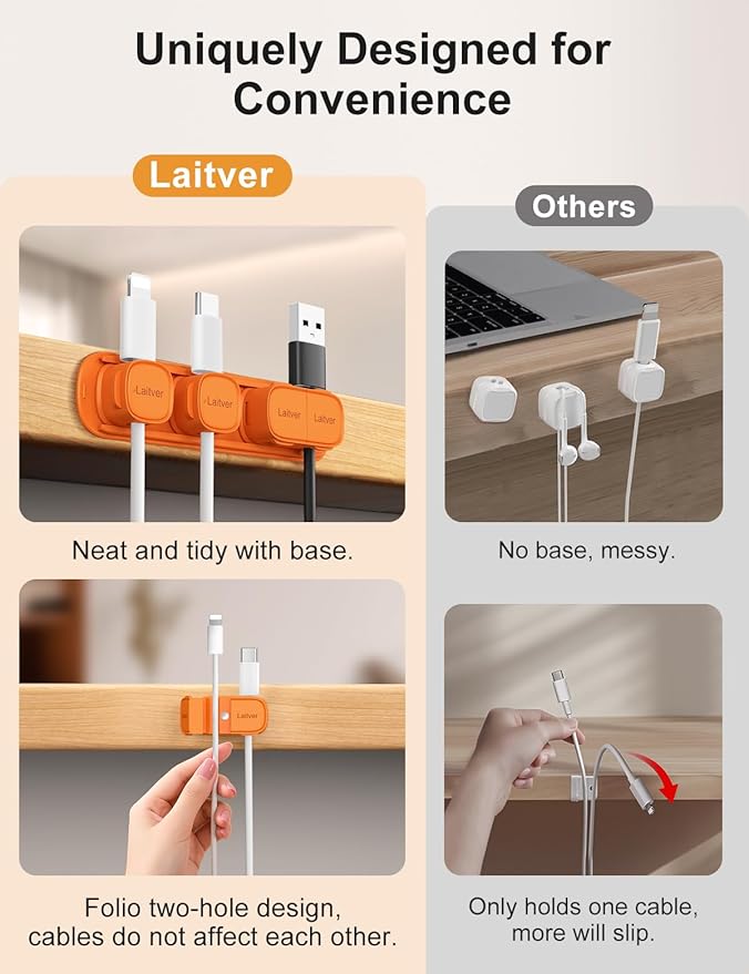 6 Pack Magnetic Cable Clips [1s Open/Lock], Laitver Cord Organizer Holder Strong Adhesive Desk Cable Management- Organize Charging Cords Neatly for Home, Office, Car,Desk, Nightstand-Orange