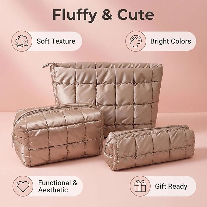 3Pcs Puffer Quilted Makeup Bag Travel Cosmetic Bag Set Portable Puffy Checkered Toiletry Pouch Skincare Organizer Purse Pencil Case (Champagne Gold)