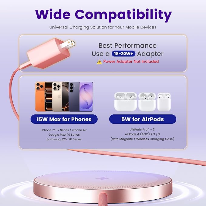 15W Wireless Charger for Apple MagSafe Charger, Magnetic Fast Charging Pad | Compatible for iPhone 17 16 15 14 13 12 Pro Max, AirPods-Slim Portable for Desk Bedside and Travel - 3 Pack, Pink