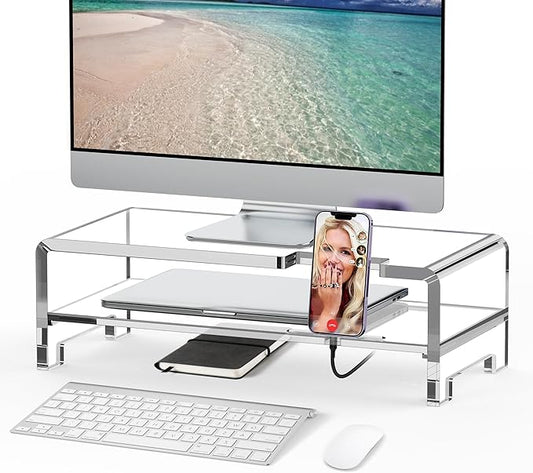 Acrylic Monitor Stand Riser Acrylic Laptop Stand Clear Computer Stand Laptop Riser with Storage Desk Organizer Accessories for Home and Office