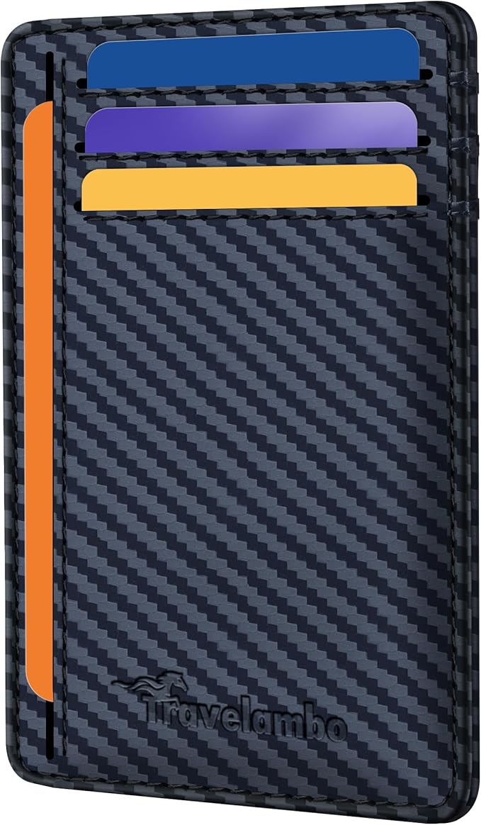 Travelambo Front Pocket Minimalist Leather Slim Wallet RFID Blocking Carbon Fiber Texture