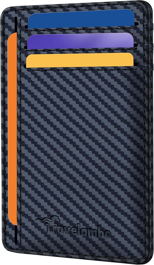 Travelambo Front Pocket Minimalist Leather Slim Wallet RFID Blocking Carbon Fiber Texture