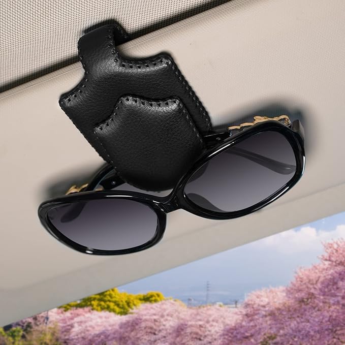 AMVOYOA Sunglass Holder for Car Sun Visor Sunglasses Clip Magnetic Leather Glasses Eyeglass Holder Hand Sewn Leather Ticket Card Clip Eyeglasses Mount- Suitable for Different Size Eyeglasses (Black)