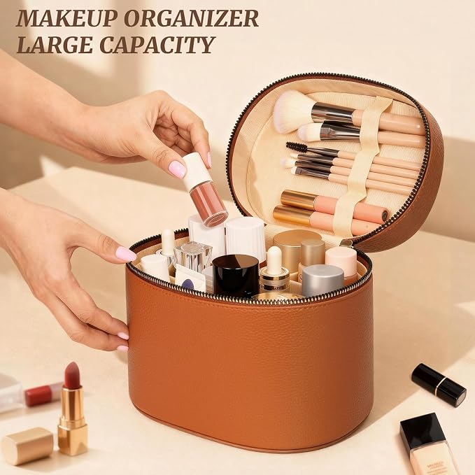 Makeup Bag Vanity Case for Women Leather Cosmetic Bag Makeup Organizer Case Portable Travel Toiletry Bag With Removable Compartments and Handle - Brown