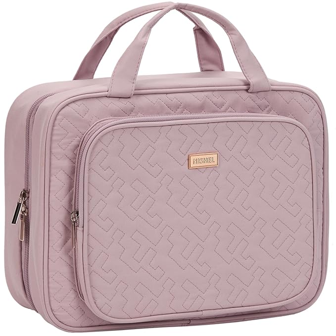 NISHEL Travel Toiletry Bag for Women, Makeup Essentials Organizer, Hanging Case for Accessories, Cosmetics, Medium Size, Peach-Pink