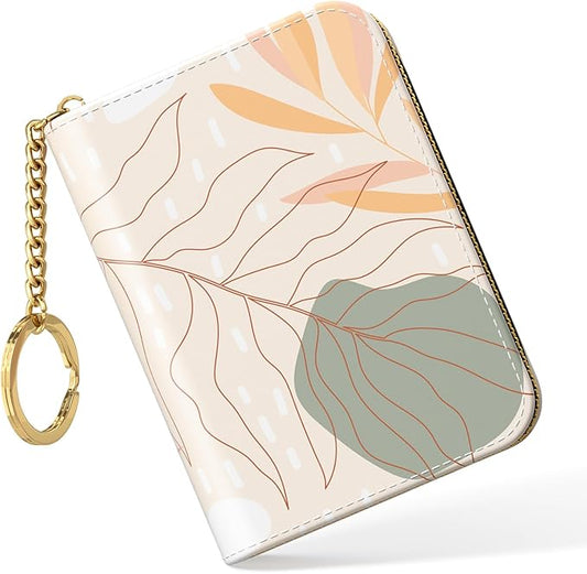 Nipichsha Credit Card Holder, Small RFID Card Wallet for Women, Slim Leather Card Holder Wallet, Credit Card Wallet Organizer, Pocket Business Card Case with Zipper & Keychain, Abstract Art Leaf