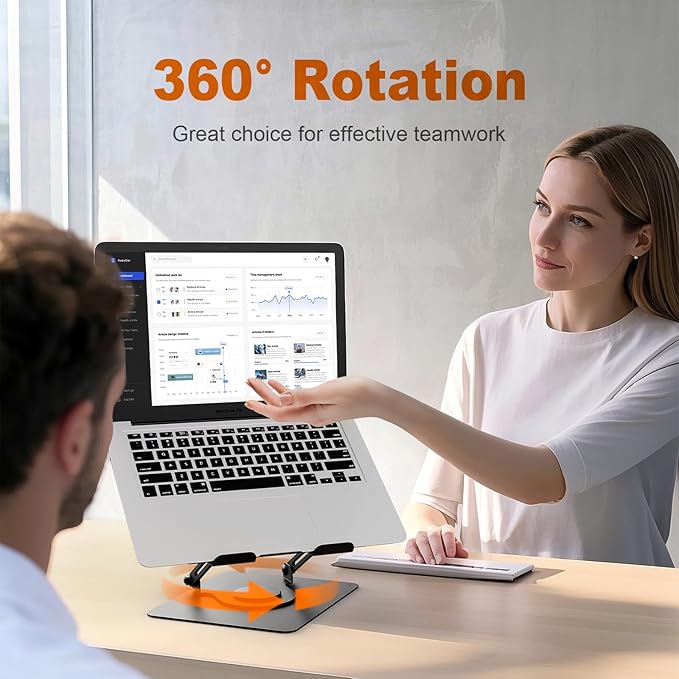 GRIFEMA Laptop Stand for Desk, Foldable Laptop Riser with 360° Swivel Base, Adjustable Height & Angle, Ventilated Computer Stand Compatible with MacBook Air/Pro, Dell, and 11-17.3" Laptops - Black