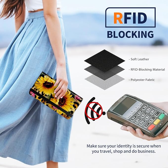 Premium PU Leather Checkbook Cover for Men & Women,RFID Blocking Slim Check Book Holder with Duplicate Check Divider & Pen Holder,Fits Standard Personal Checks,Sunflower Leopard Print