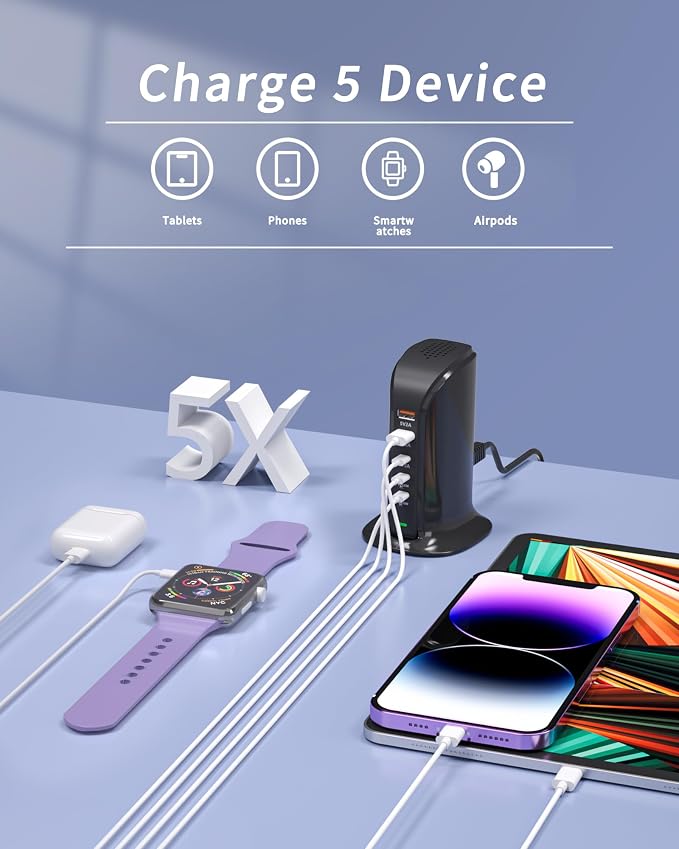5 Port USB Charger Block, USB Tower Charging Station for iPhone (Black)
