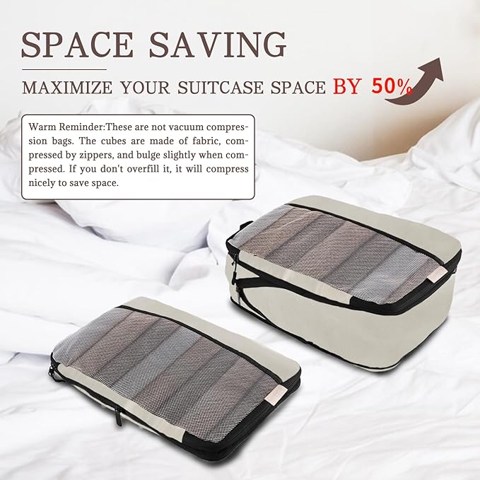 U+U 6 Set Compression Packing Cubes - Ultralight Cream Travel Organizers with Laundry Bag, Space-Saving Suitcase Organizer, Expandable Packing Cubes for Travel and Family Vacation (Cream)