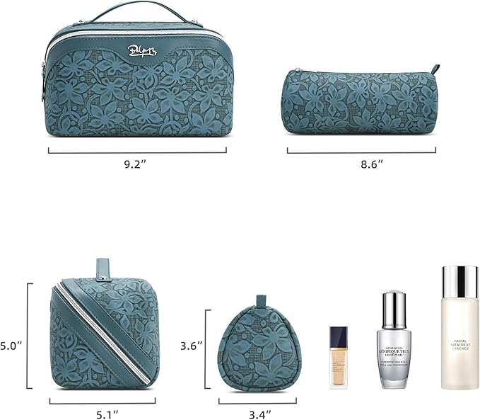 BOYATU Travel Makeup Bag Cosmetic Bags for Women: Large Capacity 3 Pcs Set Make up Bag with Compartments - Waterproof Vegan Leather Toiletry Organizer Bags with Handle (Z-63Blue)
