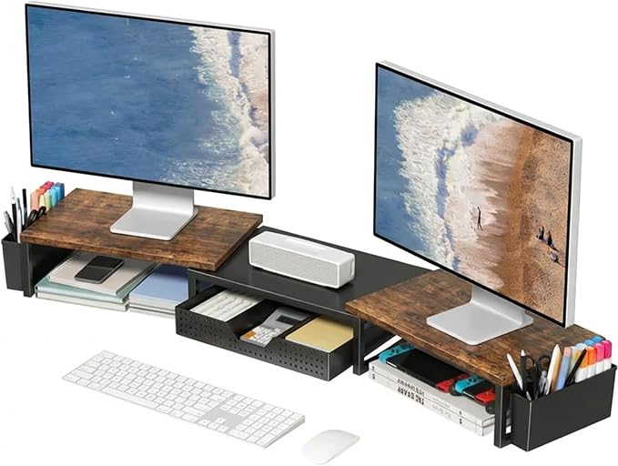 OPNICE Desk Organizers and Accessories, Dual Monitor Stand Riser with Drawer and 2 Pen Holders, Desk Shelf Wood Computer Racks for Office Workspace Organizers, Desktop Organization (Rustic Brown)