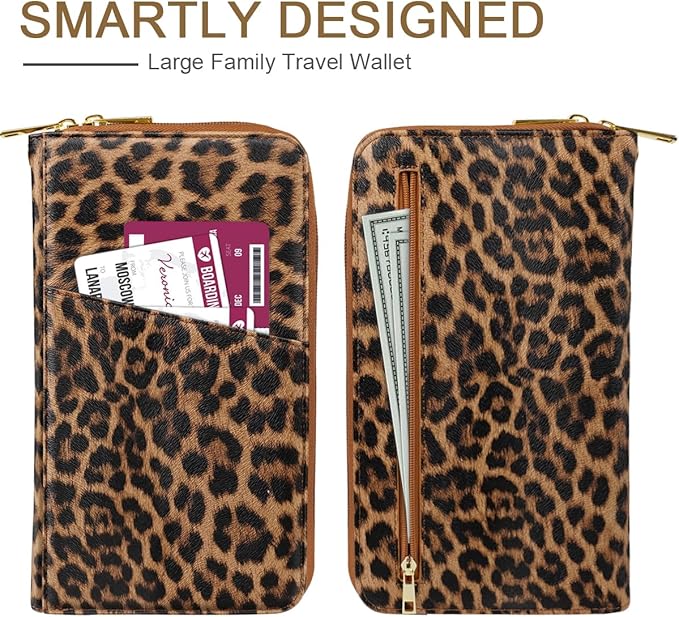 Family Passport Holder Wallet RFID Blocking Document Organizer PU Leather Mulit-purpose Travel Wallet Credit Cards Case for Women Men, Leopard