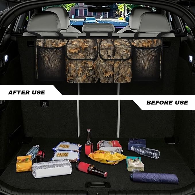 Dead Branch Trunk Hanging Organizer, Backseat Bag, Car Interior Accessories with 2 Pockets & 2 Mesh Pouches for Groceries, Will Provide More Storage Trunk Space for SUV, Jeep, MPVs