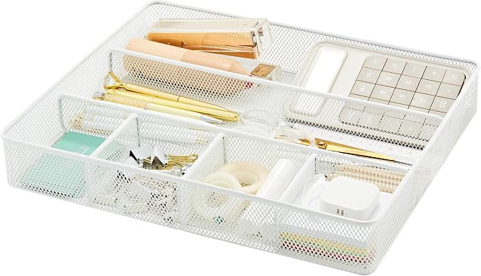 Annova Desk Top Organizer Tray for Office Organization - Metal Mesh - Storage Tray with Dividers for Pens, Desktop Accessories, Bathroom, Kitchen, Makeup and Office Supplies (Large, White)
