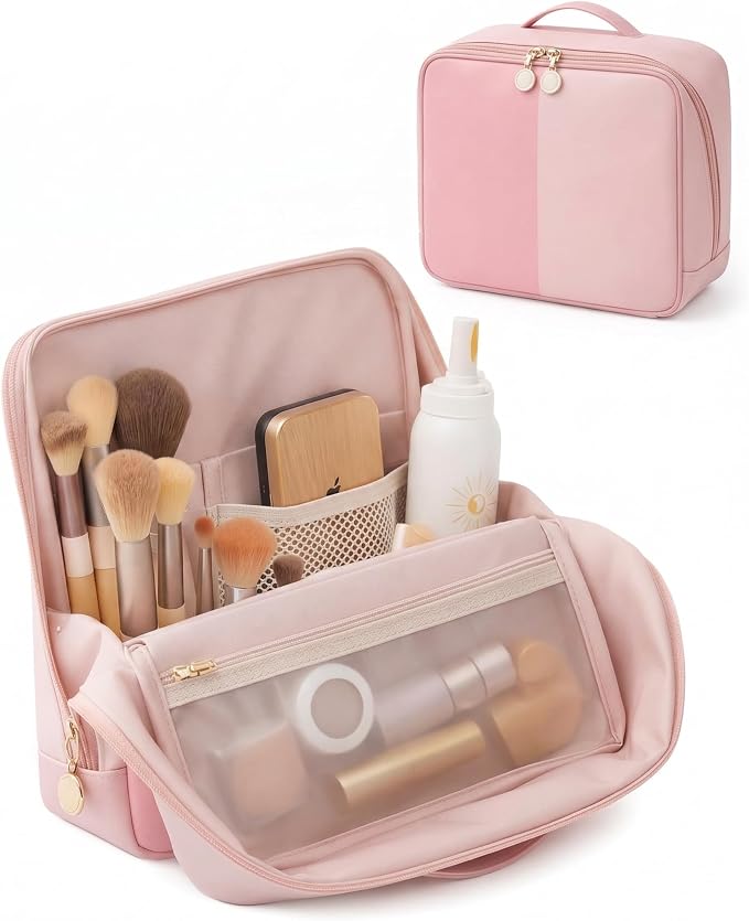 Large Travel Makeup Bag for Women, Large Makeup Bag Organizer with Brush Compartment, Upright Cosmetic Bag and Toiletry Bag, Wipe-Clean PU Makeup Pouch, Pink