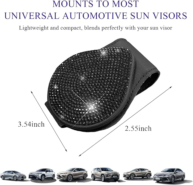KVAEY Bling Sunglass Holder for Car Visor, Magnetic Leather Visor Clip Glasses Holder with Sparkling Rhinestones, Crystal Visor Ticket Card Clip for Women Girls, Car Accessories (Black)