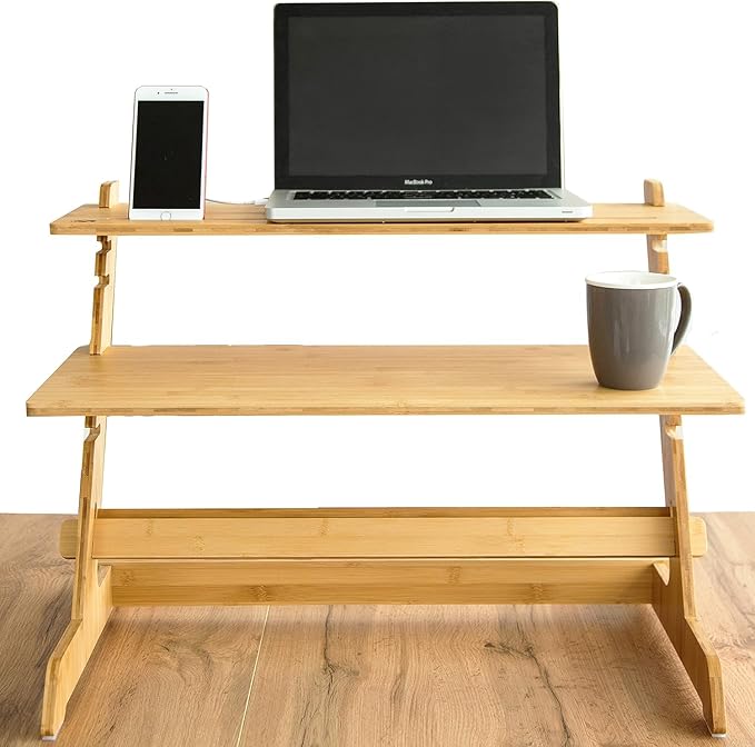 Adjustable Standing Desk Riser 100% Natural Bamboo Desk Converter Monitor Stand - No Screws, Sets up in Under 1 Minutes - for Home or Office Use (19" High 26" Wide