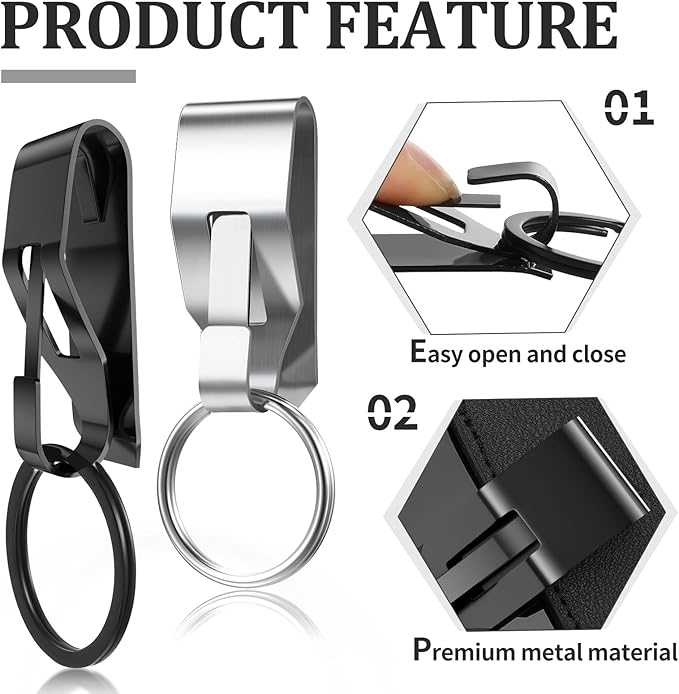 Moxweyeni 4 Pieces Belt Key Clip Key Holder Security Metal Keychain Clip Ring for Men Home Office Supplies(Black, Silver)