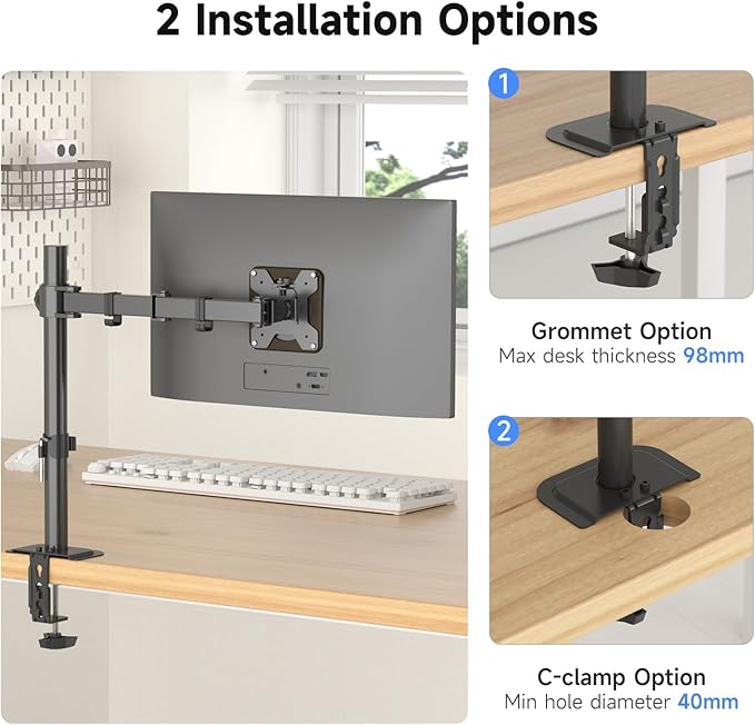 Suptek Single LED LCD Monitor Desk Mount Heavy Duty Fully Adjustable Monitor Stand for 1 / One Screen up to 27 inch