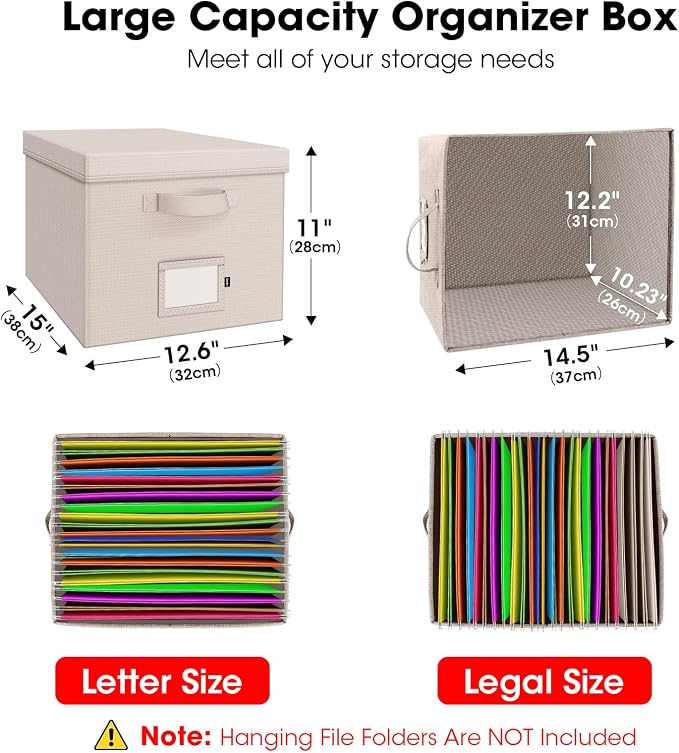 File Organizer Box with Lid, Linen Hanging File Storage Box with Handle, Collapsible Document Filling Box for Letter/Legal Folder, Portable File Box for Office/Decor/Home (1 Pack, Ivory)