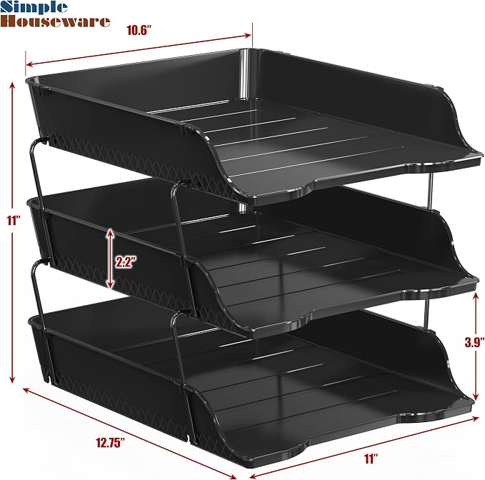 Simple Houseware 3-Tier Stackable Document Letter Tray Paper Organizer - Desk Organizer for A4/Letter Size Documents, File Sorter, Paper Holder, Office Desktop File Storage, Black