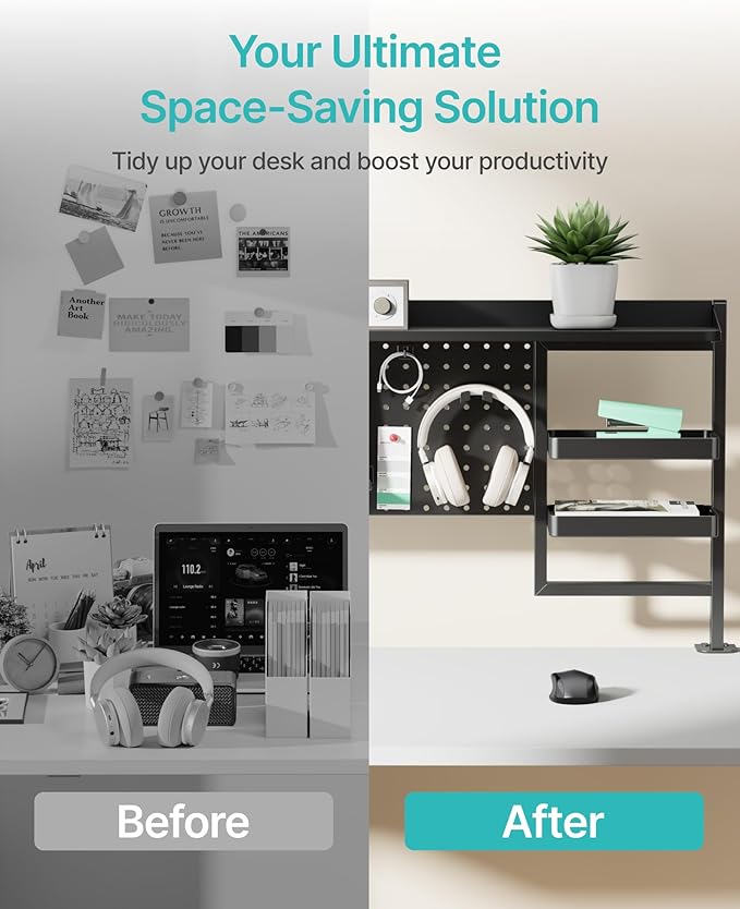 PEGZONE Clamp on Desk Shelf, 44" Desktop Shelving System with Pegboard and Accessories, Desktop Organizer with 2-Tier Shelf, Desk Pegboard for Office Home Gaming, Black