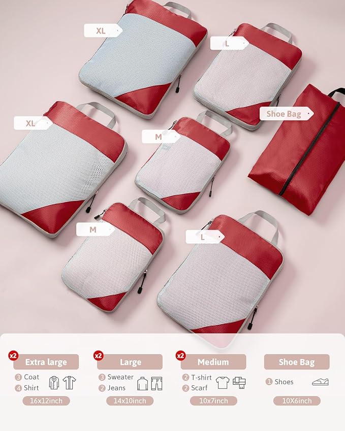 Meowoo 7 Set Compression Packing Cubes for Travel, Durable Ripstop Mesh Suitcase Organizer with Shoe Bag, Ultralight & Expandable Space Saver Travel Cubes