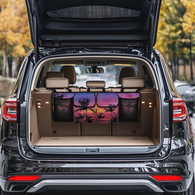 Purple Sunset Palm Hanging Trunk Organizer for SUV Back Seat Organizer with Elastic Net Collapsible Cargo Storage Bag Car Interior Accessories