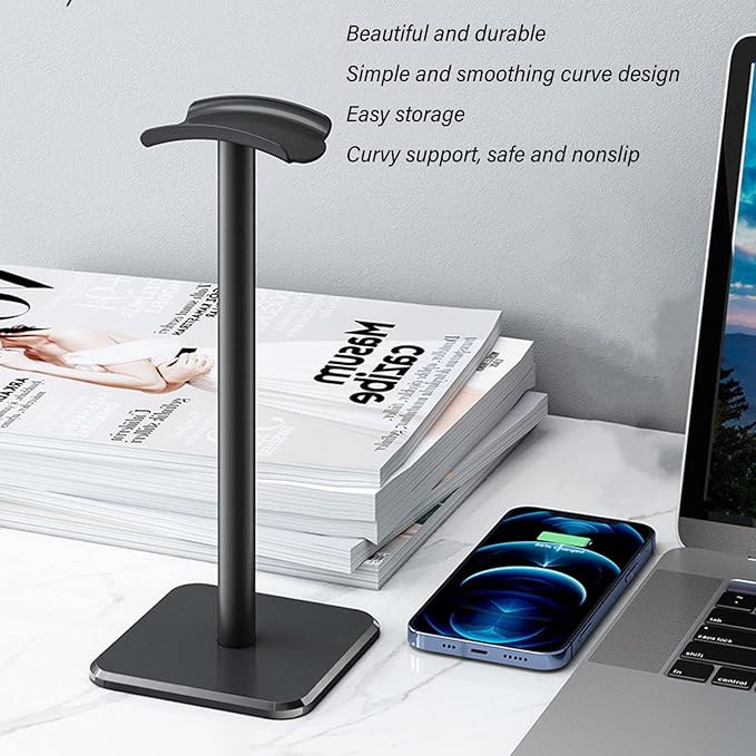 VBESTLIFE Headphone Stand, Headset Holder Earphone Stand with Aluminum Supporting Bar, for All Headphones Size for PC Gaming Headset Display & Headphones (Black)