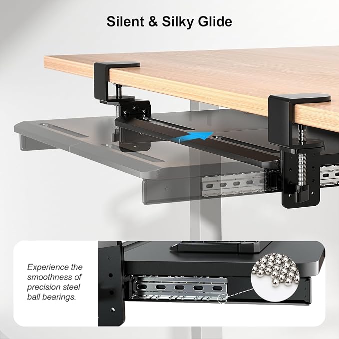 Supcline Keyboard Tray Under Desk with 60° Swivel C-Clamp & Height Adjustment for Corner Desk, 25.6 x 11.8 in Slide Out Keyboard Mouse Platform for l-Shaped & L-Shaped Table, Pull Out Keyboard Drawer