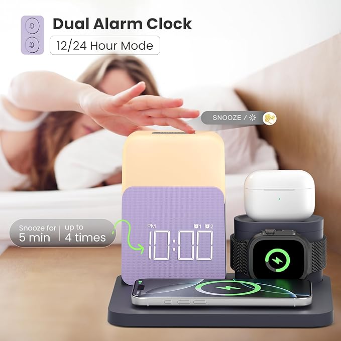 Alarm Clock Charging Station for Bedrooms, 7 in 1 Wireless Charging Station, Magnetic Charger with Night Light Bedside Clock for iPhone 17 16 15 14 13 12 Pro Max, Apple Watch, AirPods (Deep Purple)
