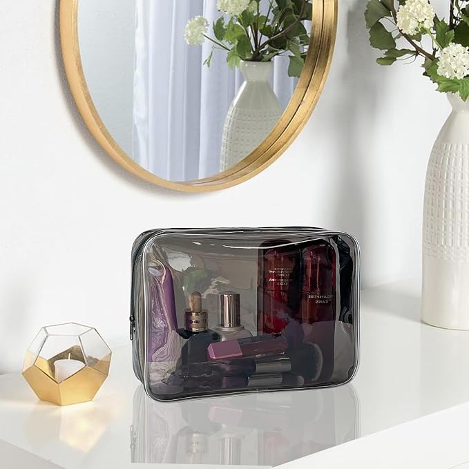 Waterproof PVC Makeup Bag - Leakproof Cosmetic Organizer for Travel Toiletry Storage 9.84×7.09×2.36 Inch for Women & Men (Black)
