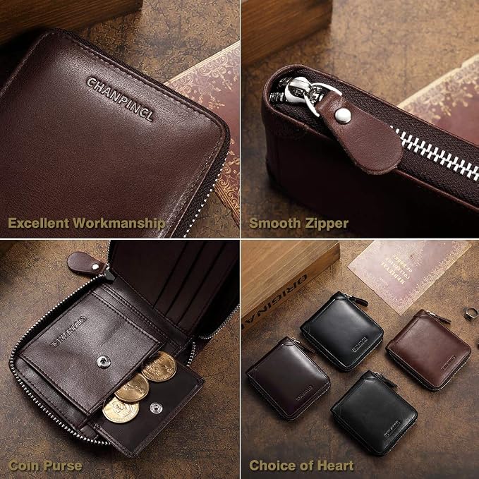 Mens Genuine Leather Zipper Wallet RFID Secure Large Capacity Double Fold Multi-card Leather Wallets for Men and coin purse
