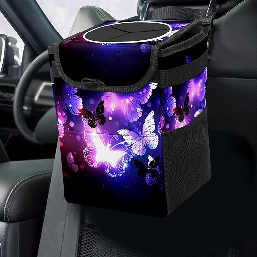 Purple Butterfly Trash Can With Lid - Collapsible Reusable Waterproof Car Garage Bag, Automotive Garbage Can, Accessories Interior Organizer