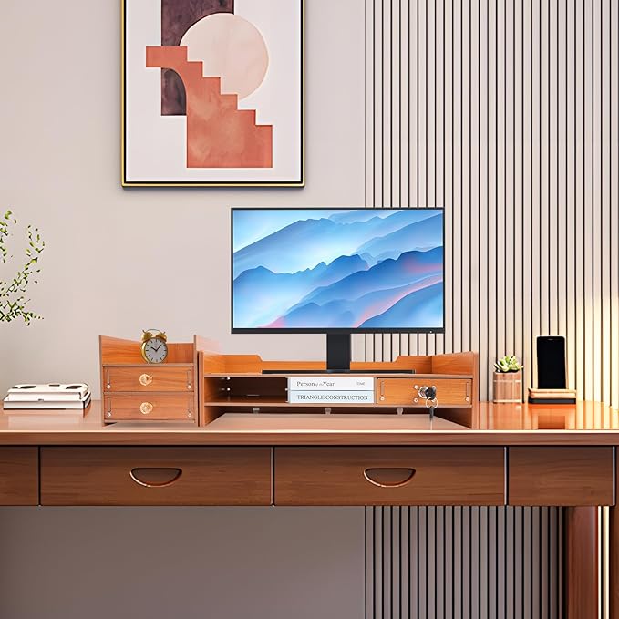 AngelcityCC Monitor Stand Riser, 3 Tiers Laptop Computer Monitor Riser, Desktop Wooden Screen Monitor Stand Riser with Drawers&Lock for Home Office School