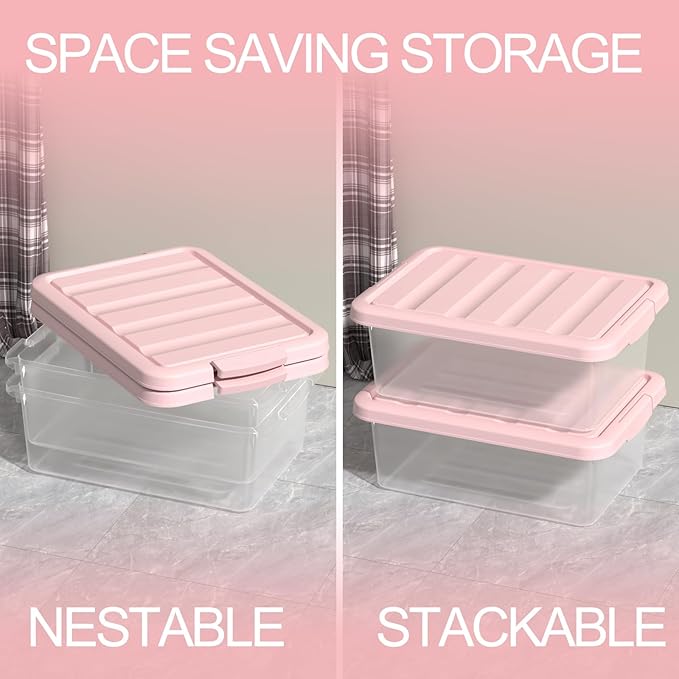 Set of 2 Clear Plastic Storage Organizer Bins with Pink Lids, 14 Quart, Versatile Organizer Container Boxes for Home, Office, and Garage
