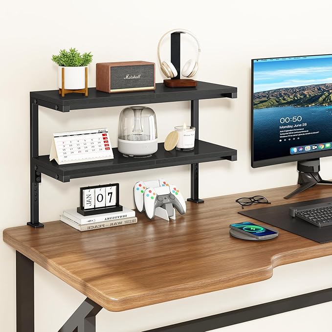 IBUYKE Clamp on Desk Shelf, 22.8” Large Desk Extender Shelves,Tool-Free Flexible Repositioning and Adjustable 2-Tier Storage Shelves for Desktop Accessories Below Desk TMZ010B